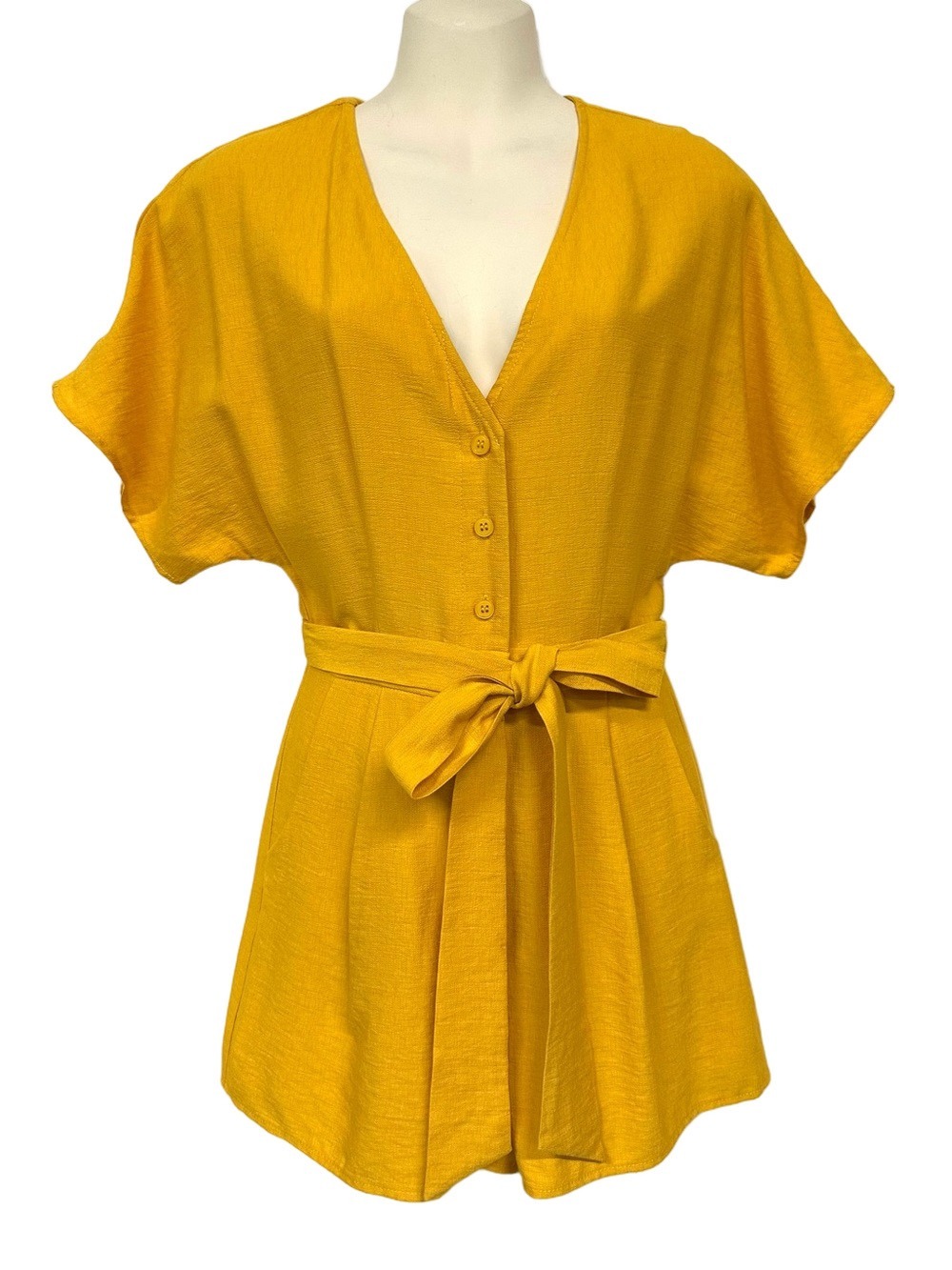 Lost + Wander Mustard Belted Romper XS Pockets Button Front Tie Waist Summer